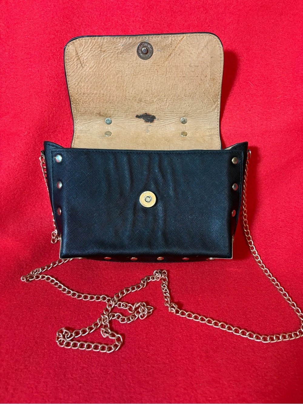 Black Mini Studded Faux Leather Crossbody Top Handle Satchel Gold Chain Bag - Picture 9 of 12
